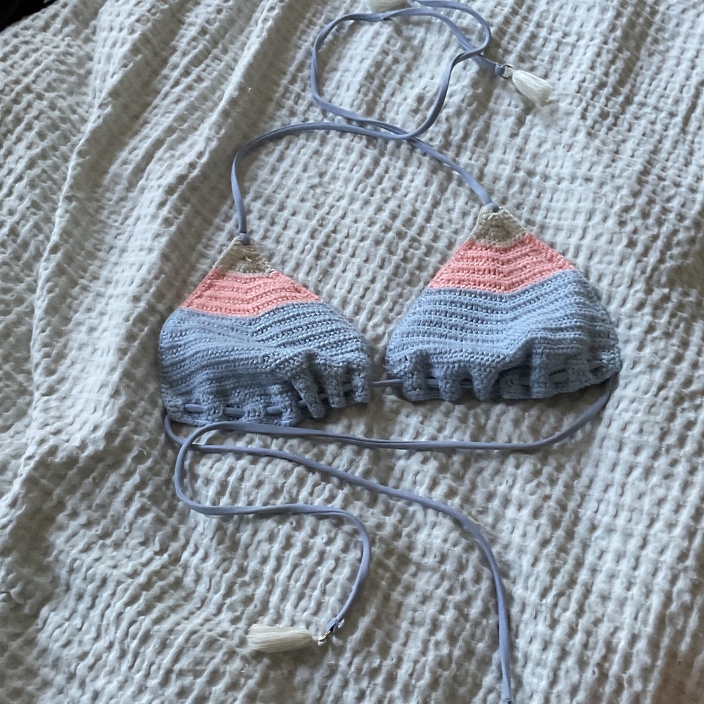 Crochet Bikini Top in Pink and Blue boho with tassels med